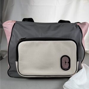 COACH 91157 Colorblock Nylon & Leather Court Tote Pink Grey Cream + Dustbag